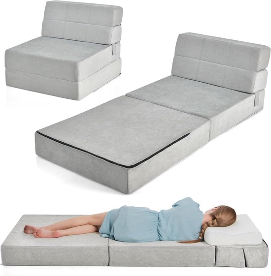Opvouwbare Bank - Zetel Bed - Gastvrij Ontvangen - 3-in-1 Functionaliteit - 190 cm Lengte - Grijs