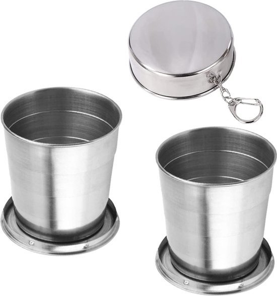 Opvouwbare beker 304 RVS - To go - Set van 2 - 250ML - Roestvrij stalen opvouwbare mok - Opvouwbare reisbeker - Koffie - Thee - Onderweg - Camping - Herbruikbaar - Pocket cup - Outdoor wandelreizen