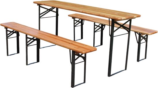 Opvouwbare biertentset 175 cm, 3-delig: 1 klaptafel + 2 bierbanken, weerbestendig massief grenenhout, ruimtebesparend, biertafelset feesttenttuin