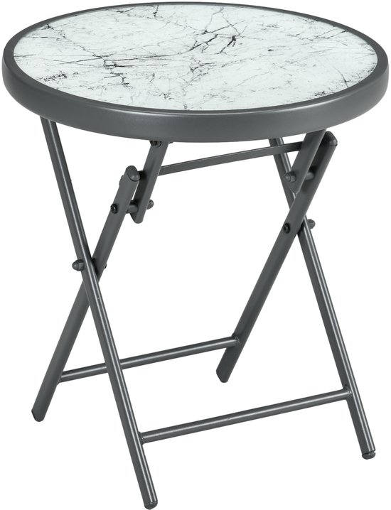 Opvouwbare Bijzettafel Met Marmerlook Glasplaat - Ronde Balkon Tafel Wit 45x45x50 cm - Kleine Campingtafel Voor Terras Woonkamer En Tuin