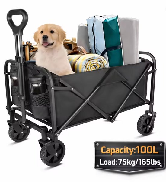 Opvouwbare Bolderkar - 100L Inhoud - Max. 75kg Draagvermogen - Inclusief Bekerhouders & Verstelbare Trekstang - Zwart - Campingwagen & Bolderwagen voor Strand of Tuin