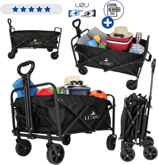 Opvouwbare Bolderkar 100L Zwart - Strandwagen Transportkar met Verstelbare Trekstang en 360° Wielen - Campingkar Tuinkar Boodschappenwagen voor Strand Kamperen Picknick en Dagelijks Gebruik - Belastbaar tot 100 kg Met Ebook van Merkloos