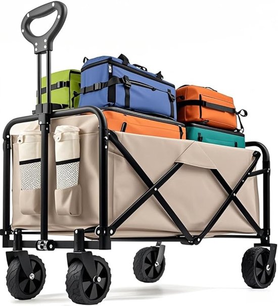 Opvouwbare Bolderkar 120 Liter 120KG Draagkracht – Strandwagen Camping Kar met 360° Draaibare Wielen – 2 Bekerhouders – All Terrain Vouwwagen 70x43x72 cm – Beige Outdoor Transportwagen