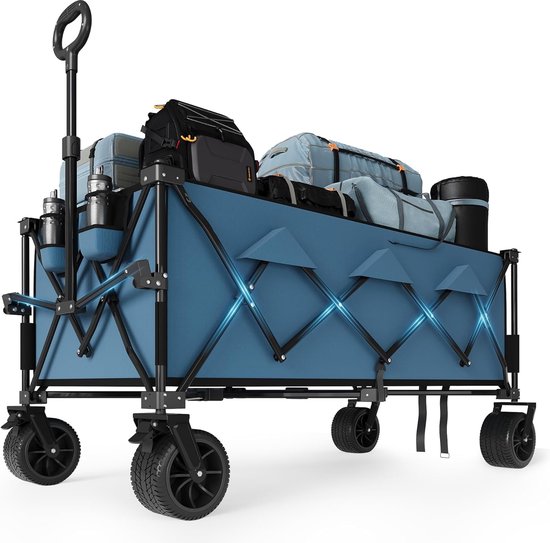 Opvouwbare Bolderkar 132cm - 350L Strandwagen met Rem & Bekerhouders - 210 kg Draagvermogen - All‑Terrain Strandkar voor Camping, Tuin & Vakantie - Zwart - Blauw van Lifendaxy