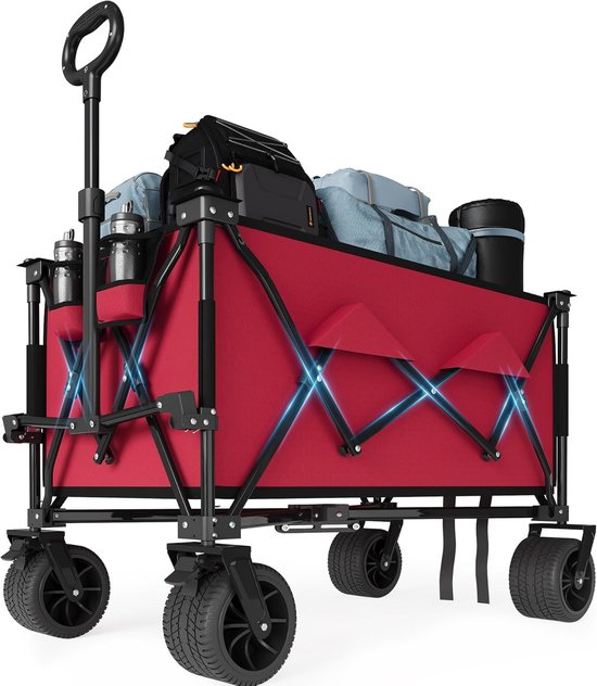 Opvouwbare Bolderkar 132cm - 350L Strandwagen met Rem & Bekerhouders - 210 kg Draagvermogen - All‑Terrain Strandkar voor Camping, Tuin & Vakantie - Zwart - Rood