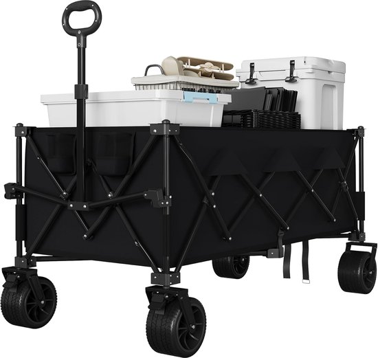 Opvouwbare Bolderkar 132cm - 350L Strandwagen met Rem & Bekerhouders - 210 kg Draagvermogen - All‑Terrain Strandkar voor Camping, Tuin & Vakantie - Zwart van Relaxdays