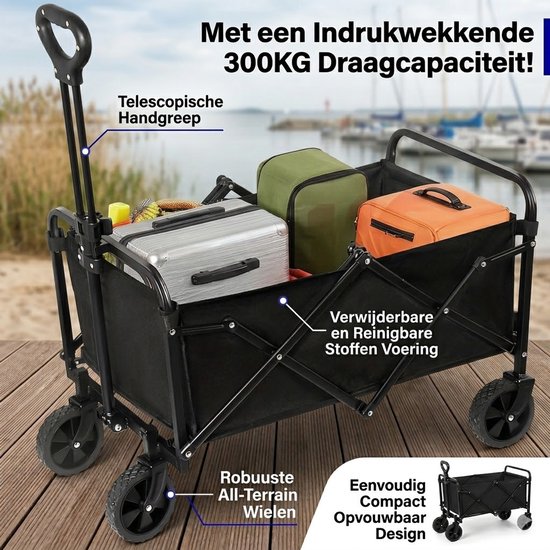 Opvouwbare Bolderkar 300 kg – Grote Transportkar met Hoge Capaciteit – Multifunctionele Trolley voor Camping, Strand, Tuin & Sport