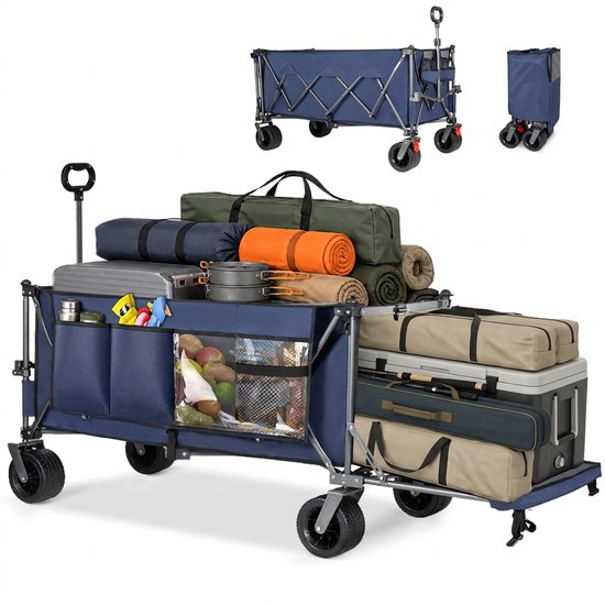 Opvouwbare Bolderkar - 300L+120L Strandkar - Tuinkar - Transportwagen - Achterklep - Brede Wielen - Snel Inklapbaar - Robuust Frame - Camping - 180cm - Vervoeren - Blauw
