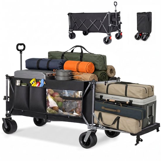 Opvouwbare Bolderkar - 300L+120L Strandkar - Tuinkar - Transportwagen - Achterklep - Brede Wielen - Snel Inklapbaar - Robuust Frame - Camping - 180cm - Vervoeren - Zwart