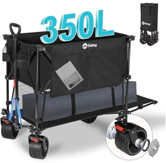 Opvouwbare Bolderkar 350L met Extra Brede Banden - 150KG Capaciteit - Strandkar & Transportkar - Zwart van Merkloos