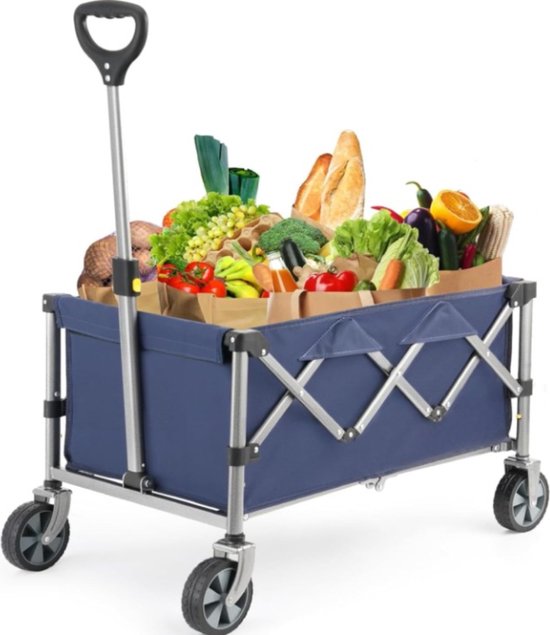 Opvouwbare Bolderkar - 68x68x40 cm - 85L - 150KG Draagkracht Laadvermogen - Verwijderbare Brede Wielen voor Elk Terein - Bolderwagen Verstelbare Hendel en Stevig Frame - Opvouwbaar Bolder Kar Wagen Draagvermogen Strandkar Camping Kind Bagage - Blauw van Adventure Goods