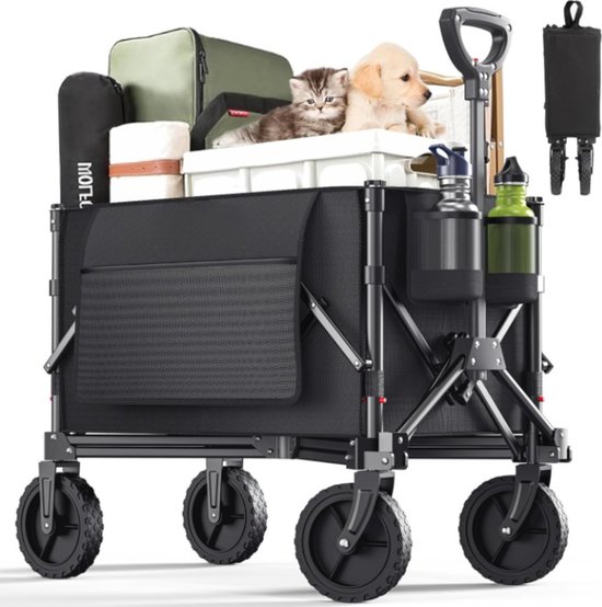 Opvouwbare Bolderkar - 69x62x45 cm - 120L - 80KG Draagkracht Laadvermogen - Verwijderbare Brede Wielen voor Elk Terein - Bolderwagen Verstelbare Hendel en Stevig Frame - Opvouwbaar Bolder Kar Wagen Draagvermogen Strandkar Camping Kind Bagage - Zwart van Opvouwbare Bolderkar