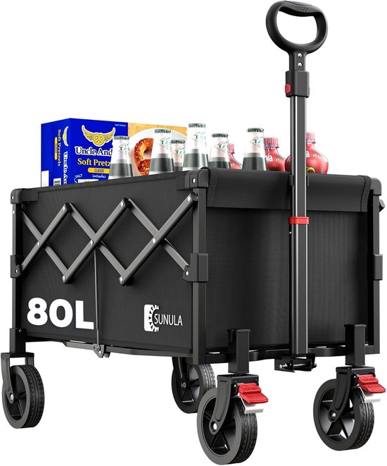 Opvouwbare Bolderkar 80 Liter - Inklapbare Handwagen tot 100 kg - Terrein-meerig - Met Remmen - Zwart van Adventure Goods