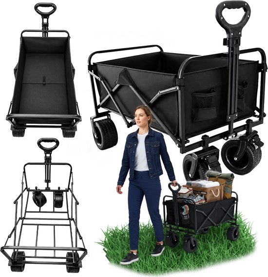 Opvouwbare bolderkar 84 x 53 x 74-97 cm - 150 kg - brede terreinwielen - verstelbare trekstang
