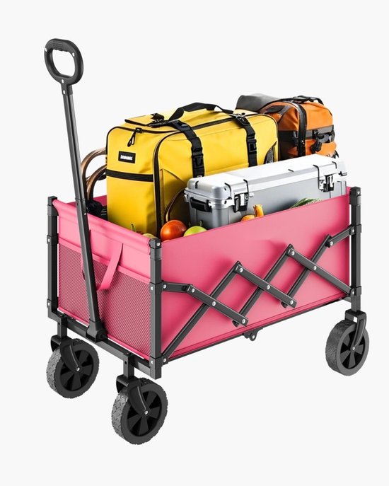 Opvouwbare Bolderkar - Handkar/Transportkar - Draagvermogen 106,2 kg - Terreinwielen - Verstelbare Handgreep - 66 x 45 x 46 cm - Voor Strand, Camping en Tuin - Roze/Zwart