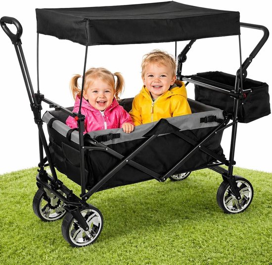 Opvouwbare bolderkar - Handwagen Kinderwagen - Gezinsuitstapjes - 3-punts gordelsysteem - 105 liter - Zwart Grijs