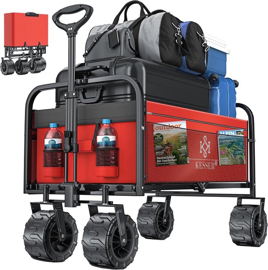 Opvouwbare Bolderkar - Handwagen Transportwagen - Buitengebruik Tuin Strand - 150 kg Draagkracht Brede Banden - 92x57x100 cm - Rood Grijs