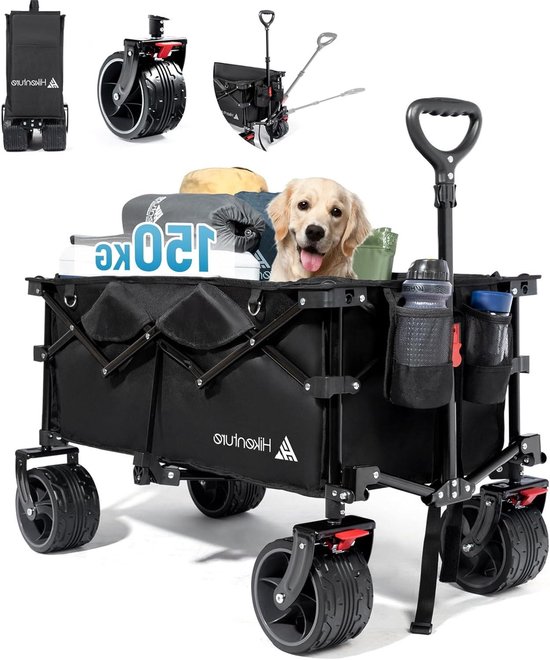 Opvouwbare bolderkar - Handwagen trolley - Outdoor avonturen - Met veilige remmen - 135 liter - Zwart
