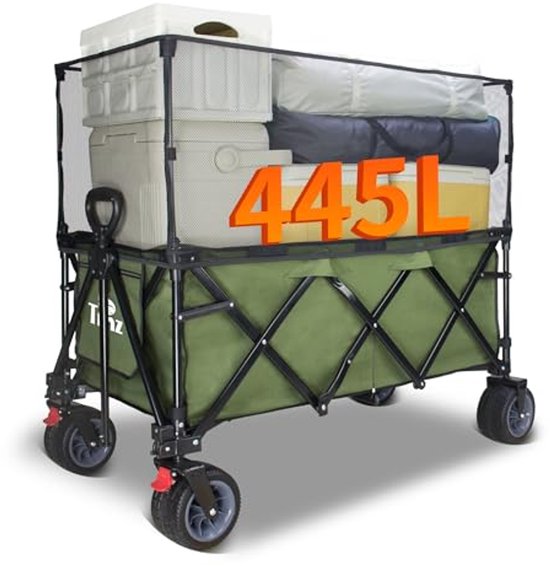 Opvouwbare bolderkar met dak en remmen - 445L capaciteit, 120 kg belastbaar, extra brede banden voor alle terreinen van Merkloos