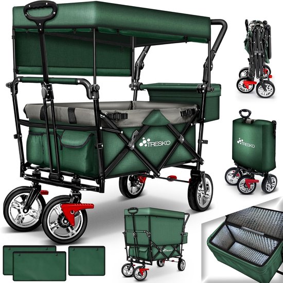 Opvouwbare Bolderkar met Dak, Koeltas en Zijdelingse Rolgordijnen | Inklapbare Tuinwagen met 3-punts Gordelsysteem van LifeGoods