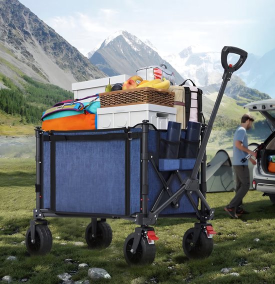 Opvouwbare bolderkar met grote all-terrain wielen, 120 l, 100 kg, inklapbare bolderkar met remmen, strandwagen voor strand, tuin, camping, winkelen, blauw van Merkloos