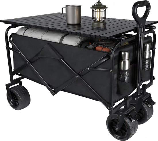 Opvouwbare Bolderkar met Tafel – 100 kg Draagvermogen – Campingwagen – Zwart