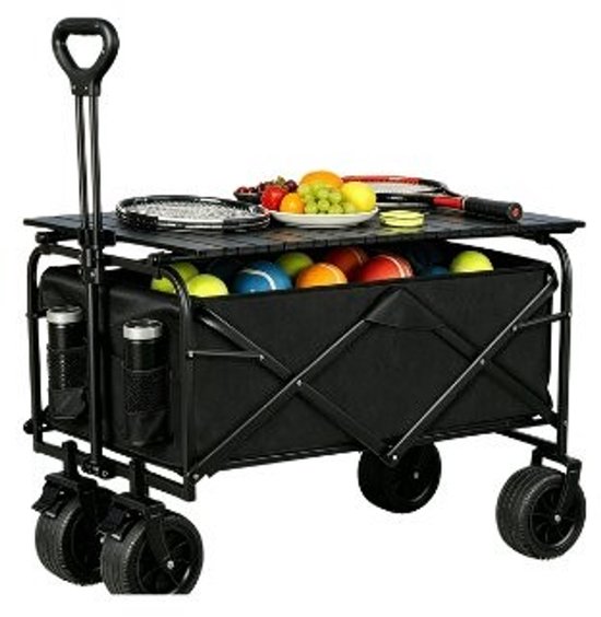 Opvouwbare Bolderkar met Tafelblad – 7 inch Tankwielen, Laadvermogen 150 kg, Aluminium, Zwart.
