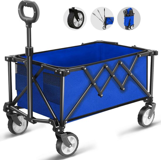 Opvouwbare Bolderkar met Wielen - 100 kg Draagvermogen - Grote Capaciteit - Verstelbare Handgreep - Inclusief Afdekhoes en Opbergtas - Transportkar voor Festival, Boodschappen, Camping, Tuin en Strand - Blauw van Merkloos