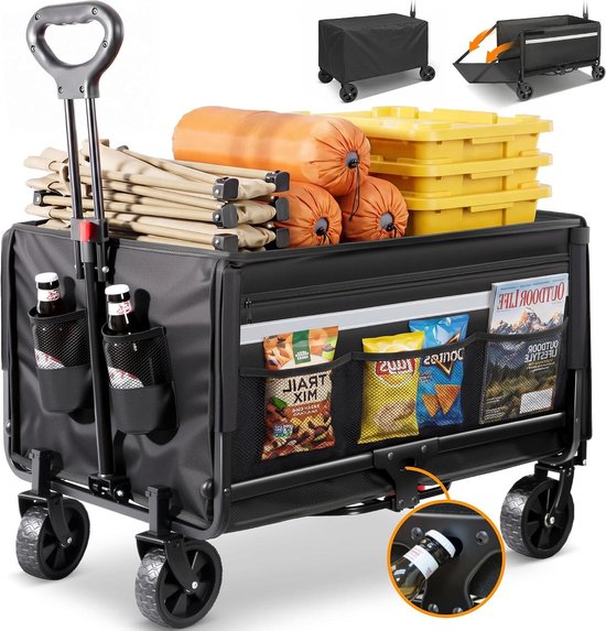 Opvouwbare bolderkar - Strandwagen inklapbaar - Vervoer buitenactiviteiten - Uitschuifbare laadklep - 150 kg capaciteit - Zwart van Opvouwbare Bolderkar