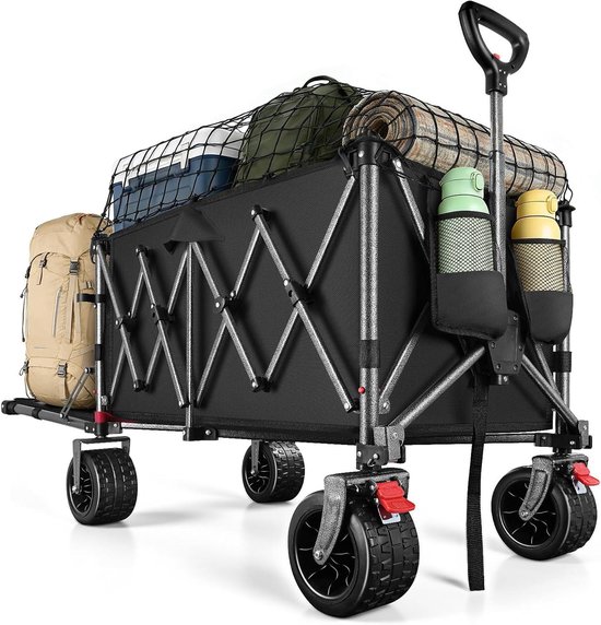 Opvouwbare Bolderkar - Strandwagen Tuinwagen - Spullen Vervoeren - 4-weg Vouwsysteem - 170 Liter - Zwart