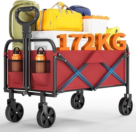 Opvouwbare Bolderkar - Tot 172 kg Draagkracht - Strandkar met 360° Draaibare Brede Wielen - Voor Camping, Tuin, Festival & Strand - rood van Merkloos