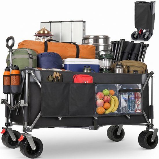 Opvouwbare Bolderkar - Transportkar - Strandkar - Tuinkar - 300L - 250KG - Brede Banden - Met Rem - Strand en Camping - 120x57,5x44cm - Zwart