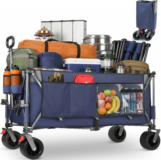 Opvouwbare Bolderkar - Transportkar - Strandkar - Tuinkar - 300L Volume - 250kg Draagkracht - Brede Wielen - Opklapbaar - Strand En Camping - 120x57,5x44cm - 1 Stuk - Blauw