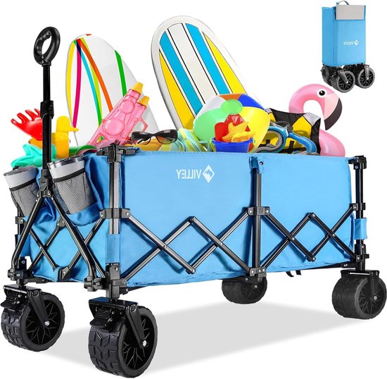 Opvouwbare Bolderkar - Transportwagen Strandwagen XXL - Vouwwagen voor Alle Terreinen - met Remmen Zijvak Bekerhouder - 220 L 150 kg Belastbaar - Outdoor Camping Picknick van Merkloos
