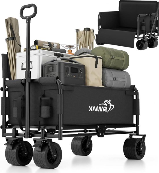 Opvouwbare Bolderkar - Transportwagen Tuinwagen - Outdoor Transport - 2-in-1 Zitbank - Tot 200 kg - Zwart