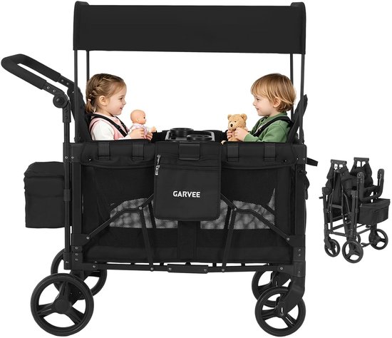 Opvouwbare Bolderkar voor 2 Kinderen - All-Terrain Wielen met Vering - Met Zonnekap & Snacktafel - 5-Punts Veiligheidsgordel - Max. 60kg - Zwart van Merkloos