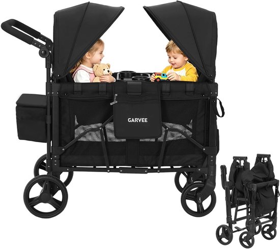 Opvouwbare Bolderkar voor 2 Kinderen - All-Terrain Wielen - Met Zonnekap & Snacktafel - 5-Punts Veiligheidsgordel - Max. 60kg - Zwart van Merkloos