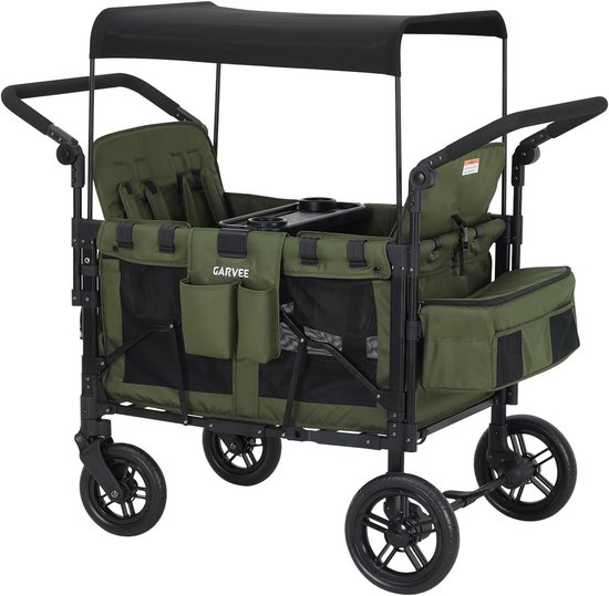 Opvouwbare Bolderkar voor 4 Kinderen met Huif en 5-Puntsgordel - Wandelwagen met Afneembaar Dienblad, Rem en Schokbestendige Wielen - groen van Merkloos
