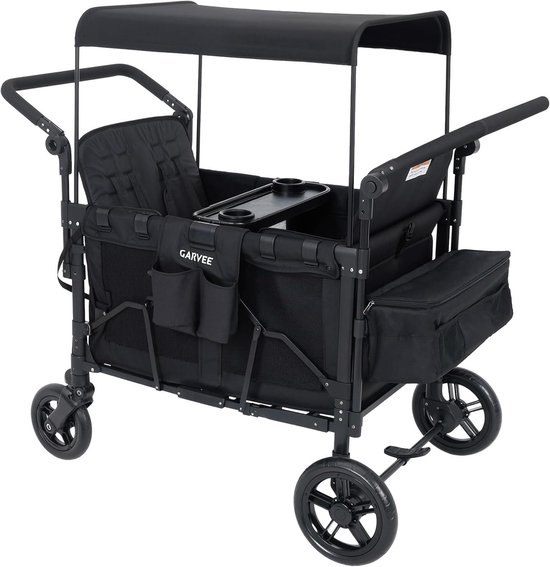 Opvouwbare Bolderkar voor 4 Kinderen met Huif en 5-Puntsgordel - Wandelwagen met Afneembaar Dienblad, Rem en Schokbestendige Wielen - Zwart van Merkloos