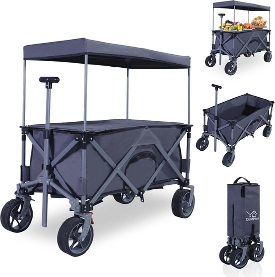 Opvouwbare Bolderkar voor Kinderen met Dak en Tafelblad - Inklapbare Handwagen tot 80 kg met Verstelbare Telescoopsteel en Brede Banden van Opvouwbare Bolderkar