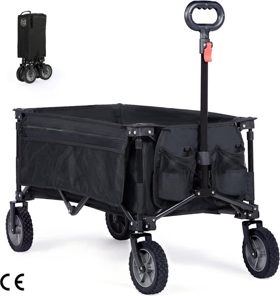 Opvouwbare Bolderkar voor Strand, Tuin en Vervoer - Groot Formaat, Geschikt voor Alle Soorten Terrein, Inclusief Zijvak en Bekerhouder - 100KG Draagkracht (Zwart, Normale Wielen) van LUXOUTDOOR