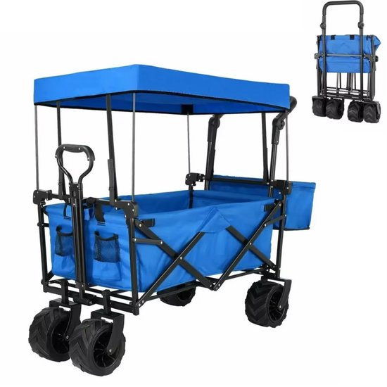 Opvouwbare bolderkar XL - 262L - Opvouwbaar tuinwagen - Met duwstang - Voor buitengebruik - Met verwijderbare luifel en 115 kg capaciteit - All terrain - Blauw van Merkloos