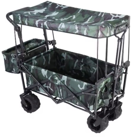 Opvouwbare bolderkar XL - 262L - Opvouwbaar tuinwagen - Met duwstang - Voor buitengebruik - Met verwijderbare luifel en 115 kg capaciteit - All terrain - Camo van Merkloos