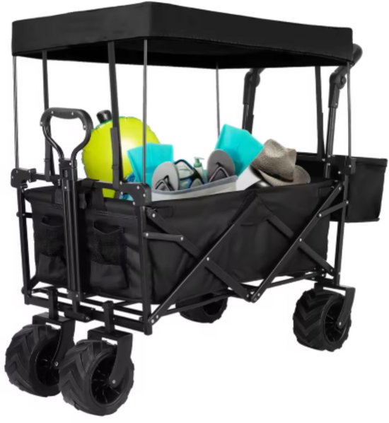 Opvouwbare bolderkar XL - 262L - Opvouwbaar tuinwagen - Met duwstang - Voor buitengebruik - Met verwijderbare luifel en 115 kg capaciteit - All terrain - Zwart van Merkloos