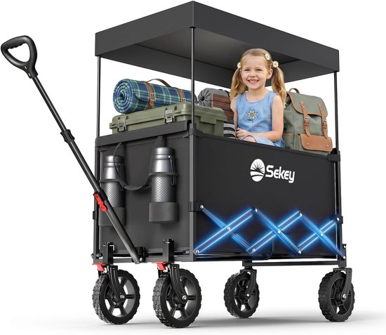 Opvouwbare Bolderkar XXL met Dak en Zonnescherm – 150L Inhoud – Draagvermogen 150 kg – Inklapbare Kinder Handkar voor Strand, Camping en Uitjes – Zwart