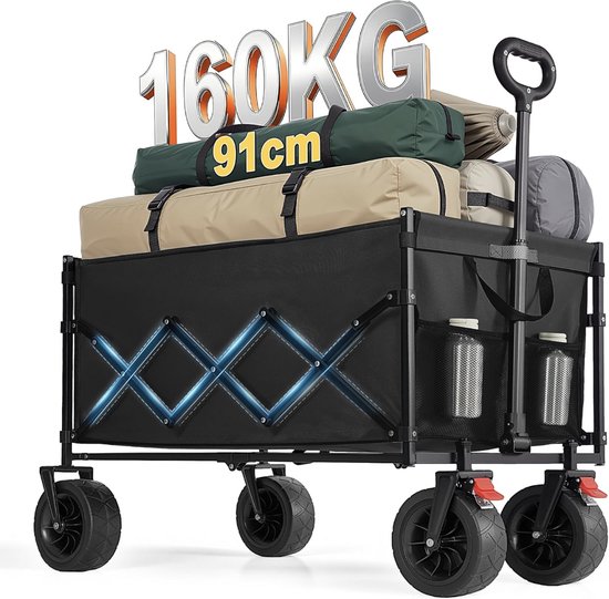 Opvouwbare bolderkar zwart 200L - inklapbare handkar met handvat - camping kar - tuinwagen - transportkar 180kg - stevige wielen - strandkar van Merkloos