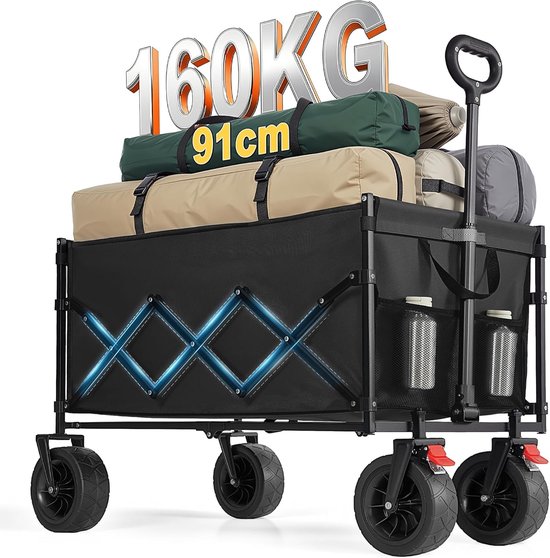 Opvouwbare bolderwagen, handkar met handvat, tuinkar, voor kamperen, 4 versterkte wielen, waarvan 2 universele wielen, draagvermogen tot 180 kg, 200 liter, inktzwart van Merkloos