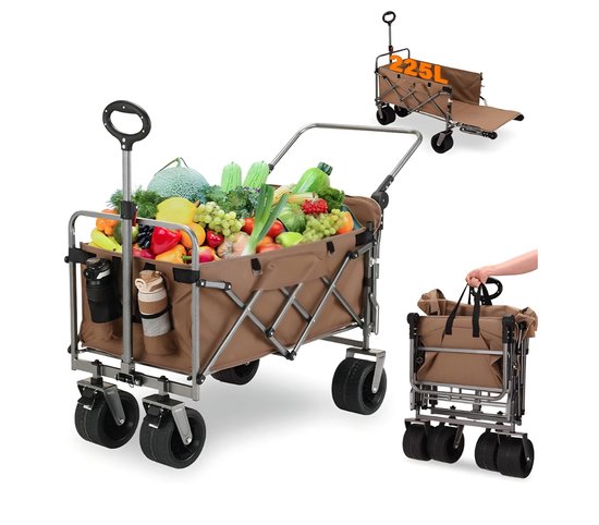 Opvouwbare Bolderwagen met Brede Wielen en Rem, 120KG Transportkar voor Multi-Terrein met Opvouwbare Achterklep, Tuinwagen Campingkar voor Picknick, Vissen, Buiten