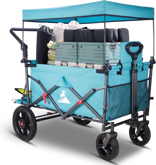 Opvouwbare bolderwagen - Transportwagen met stoelen - Familie uitstapjes - Inclusief dak en stoelen - 180L capaciteit - Hemelsblauw