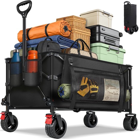 Opvouwbare Bolderwagen - Transportwagen Tuin - Spullen Vervoeren - All-Terrain Wielen - 180L Inhoud - Zwart